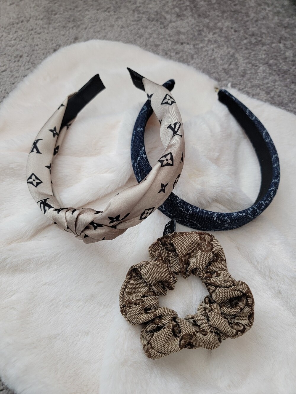 3pcs Bundle Of Beige Monogram Knot Headband and Brown Logo Scrunchie Set